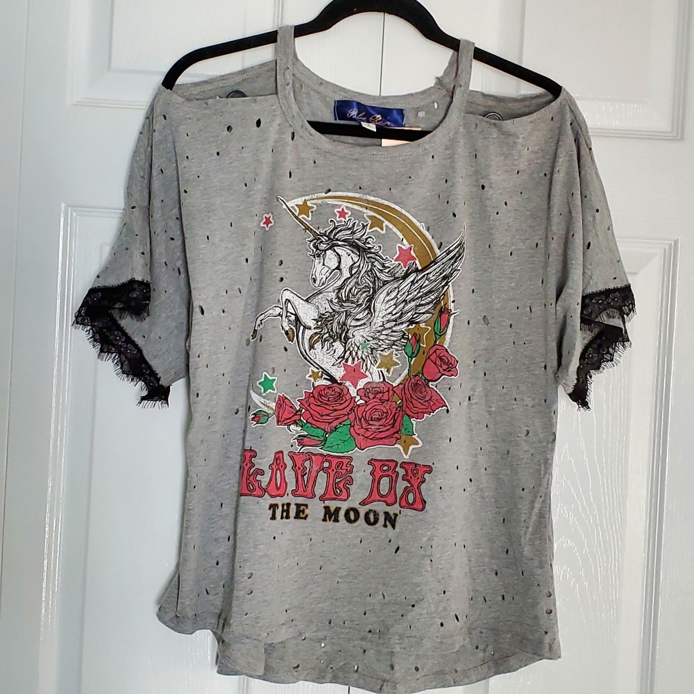 Francesca's Blue Rain Unicorn Cold Shoulder Top